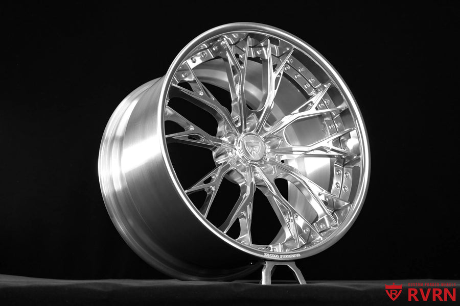 2026 Chevrolet Corvette C8 Z06 with Z07 Package RV-DC04 Y-Spoke 2-Piece Forged wheel in All Polished finish, selected cover image showing the complete wheel at a front three-quarter studio angle with the polished spokes and deep barrel clearly visible
