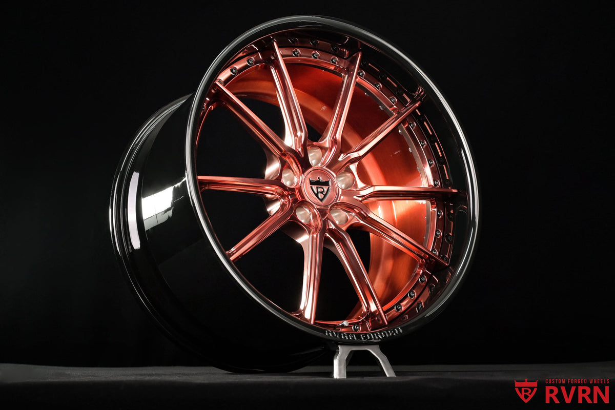 Detailed RVRN RV-DC05 wheel face in polished rose gold for a 2026 Corvette C8 Z06, showing the custom two-piece forged construction and deep dish design.