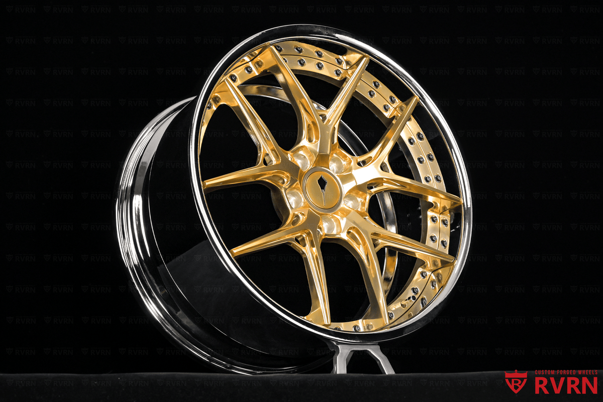Polished Frozen Gold seven-split-spoke forged wheel with chrome barrel, RVRN RV-DR08D custom wheels for the 2026 Corvette C8 Stingray