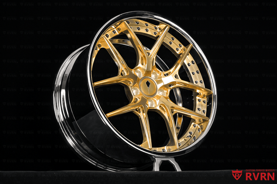 Polished Frozen Gold seven-split-spoke forged wheel with chrome barrel, RVRN RV-DR08D custom wheels for the 2026 Corvette C8 Stingray