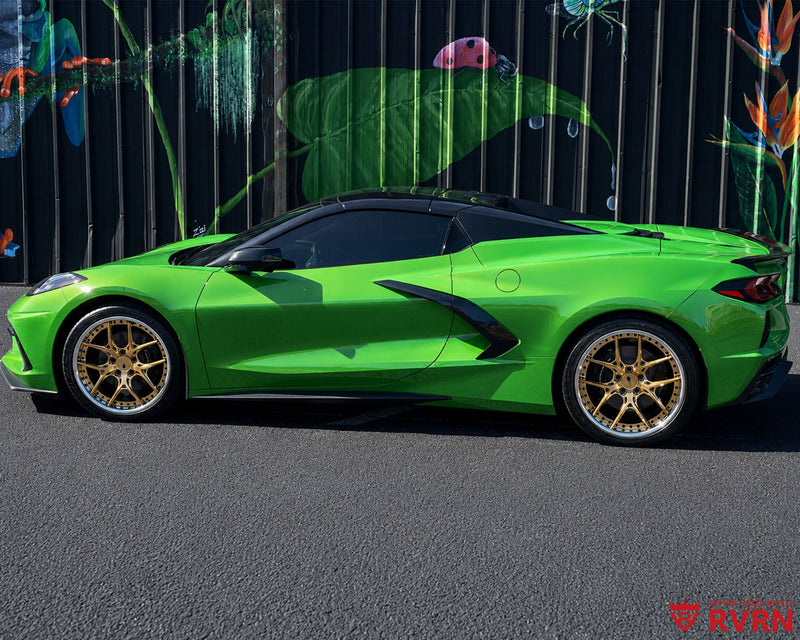 Side view of a 2026 Corvette C8 Stingray on RVRN RV-DR08D deep dish Y-spoke forged wheels with polished frozen gold spokes and chrome barrels.