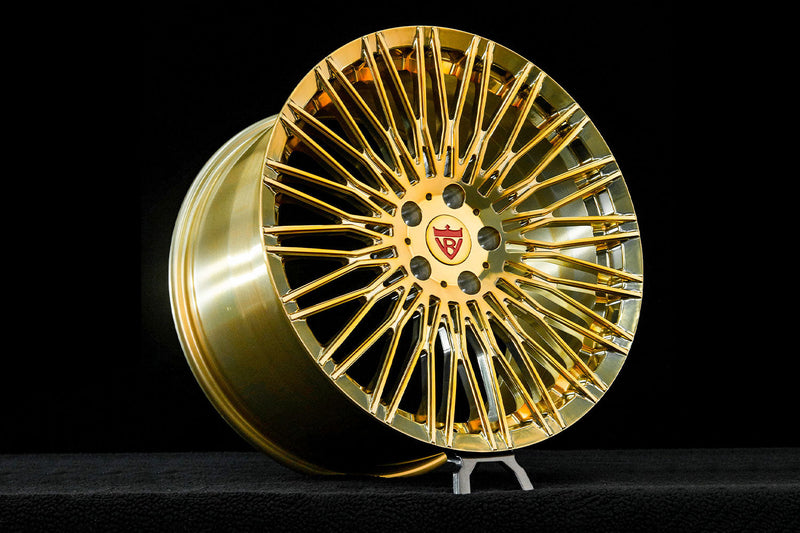 2026 Corvette C8 Stingray Custom Polished Frozen Gold Wheels: RV-MC22 showcasing a luxurious gold forged wheel design.