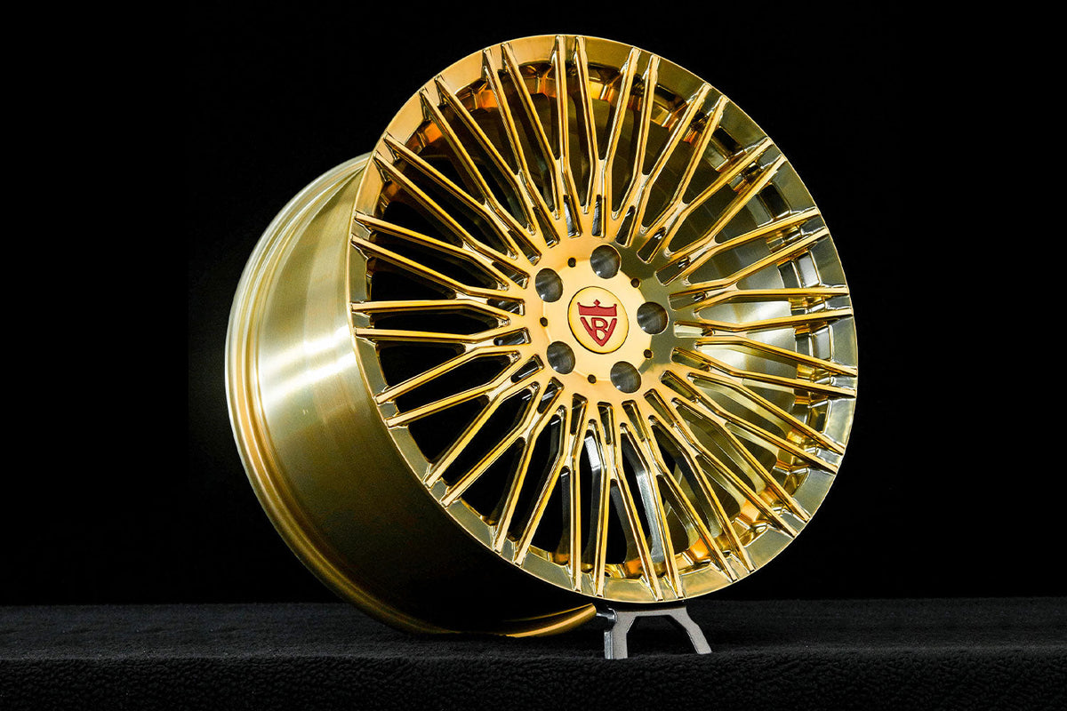 2026 Corvette C8 Stingray Custom Polished Frozen Gold Wheels: RV-MC22 showcasing a luxurious gold forged wheel design.