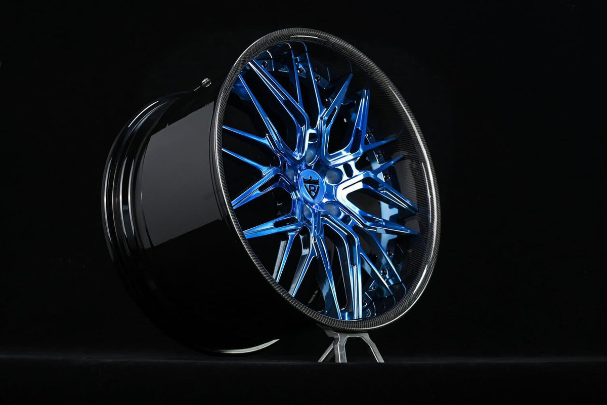 2019 Corvette C7 ZR1 custom 2-piece forged wheels, RVRN RV-T081, Polished Blue and Gloss Black, 20x10.5 +38MM / 21x13 +60MM