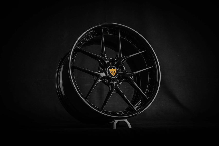 Corvette C8 Black Wheels with Accelerate Yellow Logo on the caps, RVRN custom forged 2-piece deep lip rims RV-DR08D flat lip series