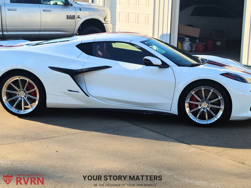 2025 Corvette C8 E-Ray on Custom Polished Aluminum Wheels RV-MC29 showcasing RVRN Custom Forged Wheels.