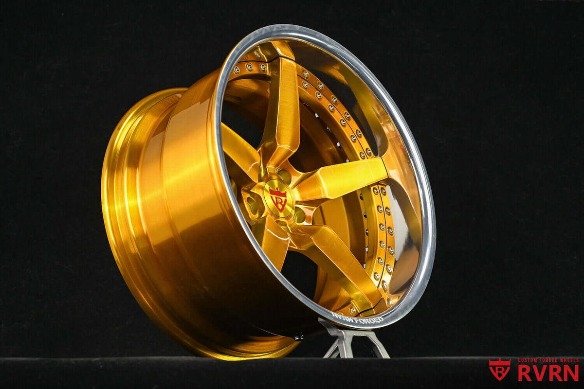 Transparent gold RVRN RV-DF14 5 spoke forged wheel built for a 1977 Datsun 240z.