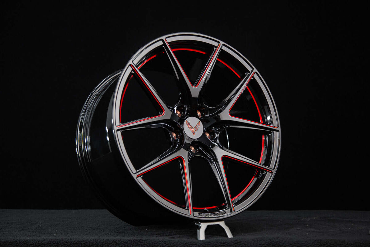 2022 Corvette C8 Z51 custom 1-piece monoblock forged wheels, RVRN RV-MC61, Gloss Black With RVRN Red Trim and Gloss Black, 19x8.5 +40MM / 20x11 +52MM