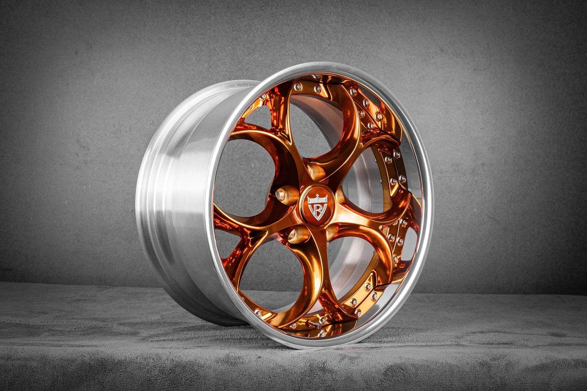 2009 Corvette C6 Z06 custom 2-piece forged wheels, RVRN RV-DS016, Polished Orange and Polish, 18x9.5 +35MM / 19x12 +48MM