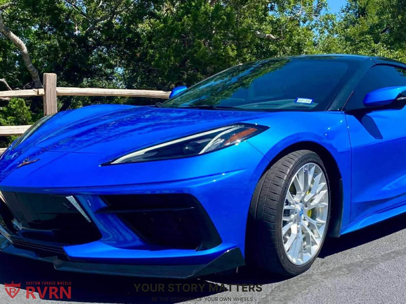2024 Corvette C8 Stingray on RVRN Custom Wheels RV-MC65 parked in sunlight with vibrant blue color.