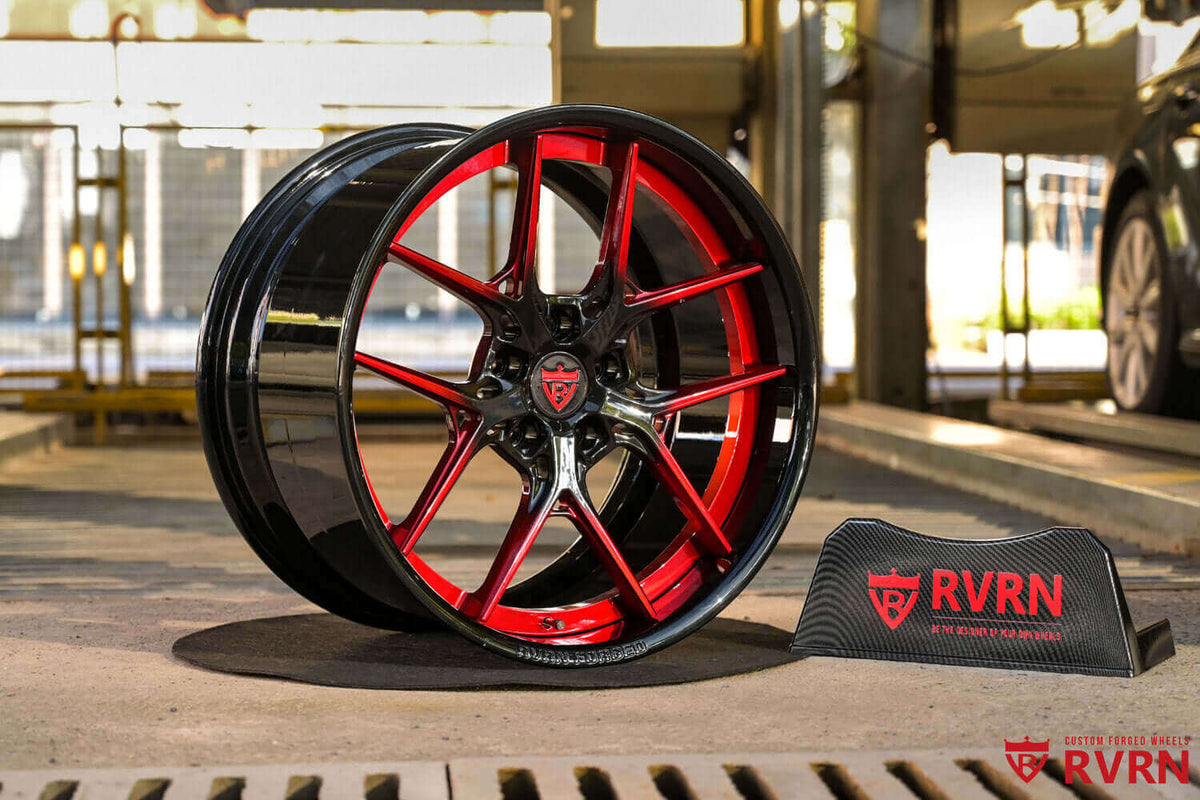 2016 Corvette C7 Z06 Custom Red & Black Forged Wheels: RV-DR08 displayed in an urban setting.