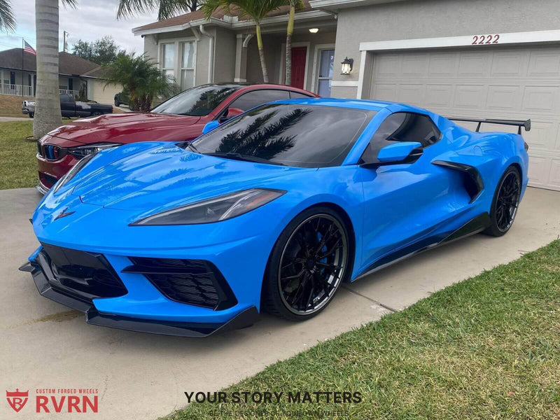 2022 Corvette C8 Stingray on RVRN Forged Wheels | 20x9 & 21x12 Aggressive Stance in Rapid Blue