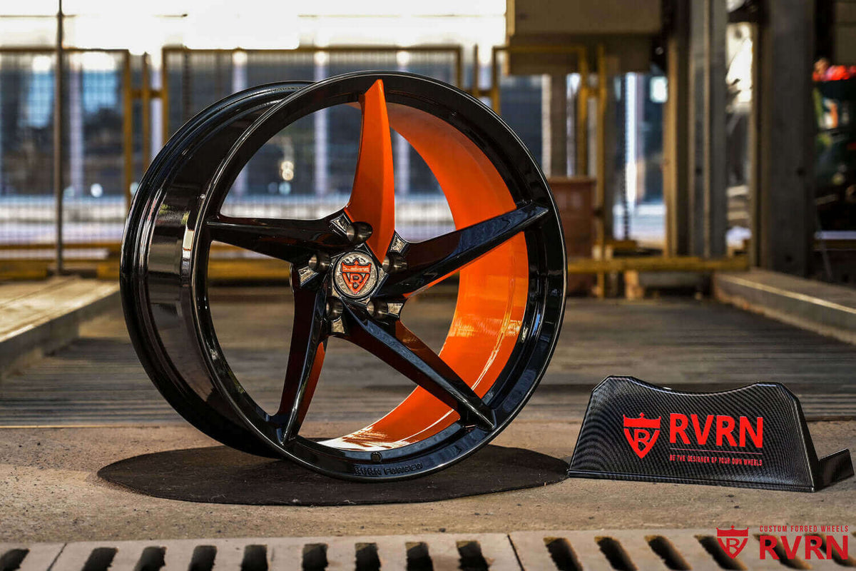 2016 Dodge Challenger R_T Scat Pack Custom Black & Orange Forged Wheels: RV-MC35 showcasing stylish design and quality craftsmanship.