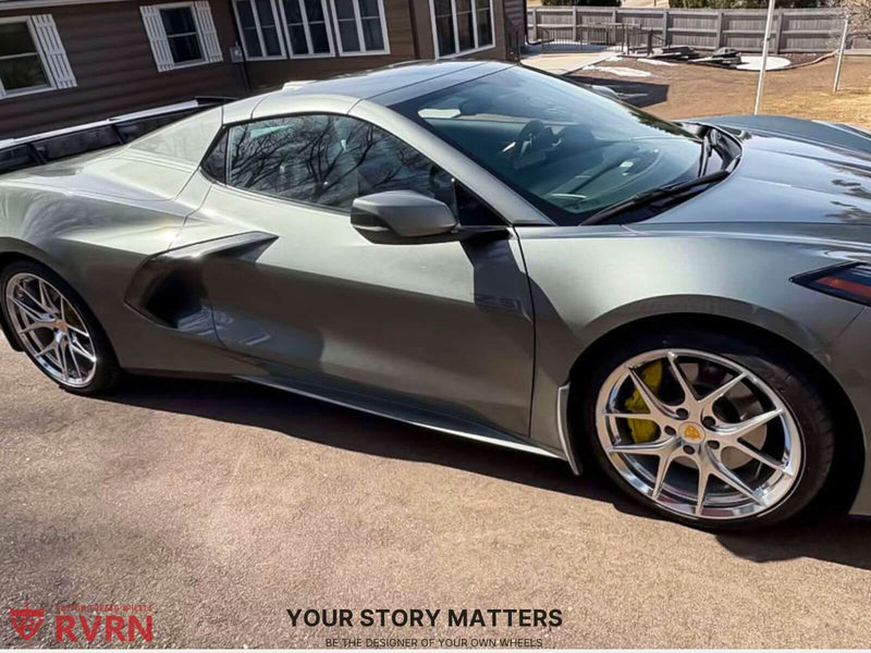 Hypersonic Grey 2022 Corvette C8 convertible on polished aluminum RVRN RV-MR05 forged wheels with yellow center caps