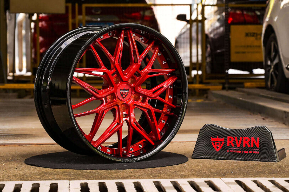 2024 Corvette C8 Stingray Base Custom Red & Black Forged Wheels: RV-T081 showcased with RVRN branding.