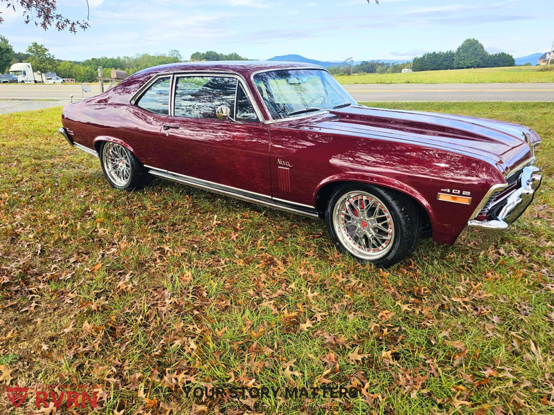 1970 Chevrolet Nova on RVRN Forged Step Lip Deep Dish Wheels RV-T081 parked on grass under a clear sky.