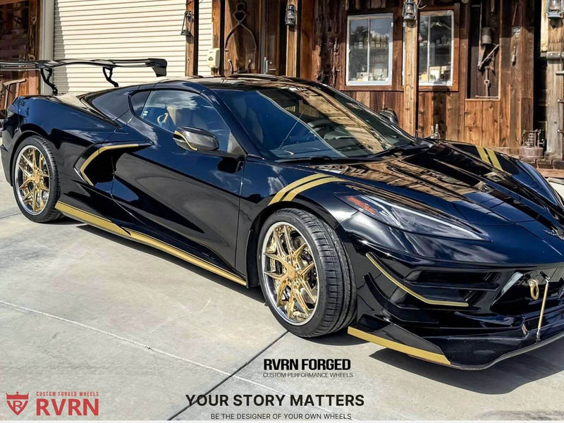 2020 Corvette C8 Z51 on RVRN Custom Forged Wheels RV-DR08 parked in front of a rustic background.