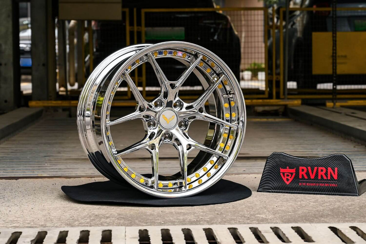 1986 Corvette C4 custom 2-piece forged wheels, RVRN RV-DR08D, Chrome and Yellow, 19x8.5 +15MM / 19x9.5 +25MM