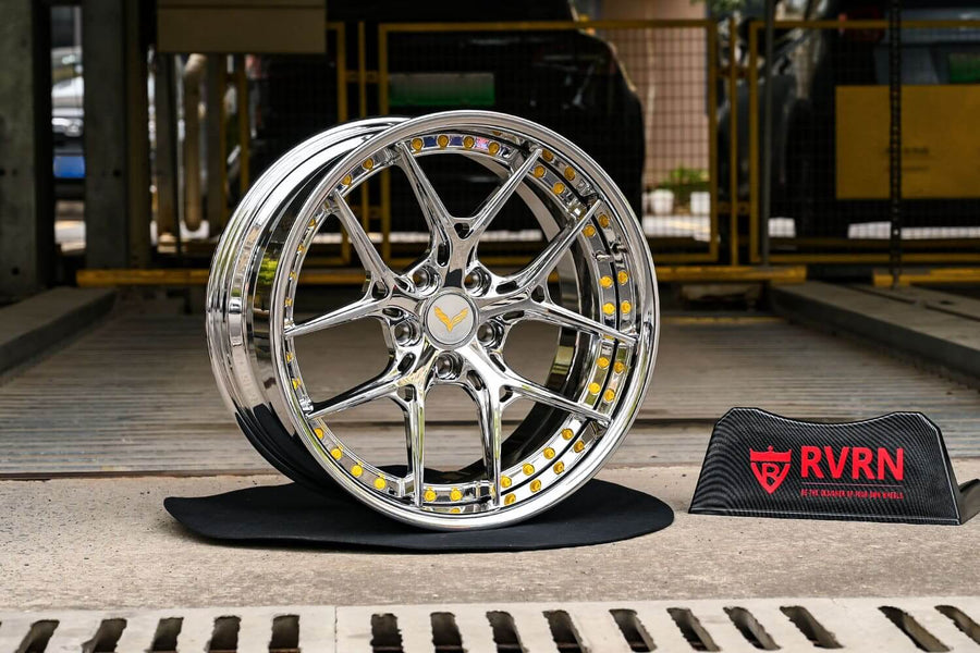 1986 Corvette C4 custom 2-piece forged wheels, RVRN RV-DR08D, Chrome and Yellow, 19x8.5 +15MM / 19x9.5 +25MM