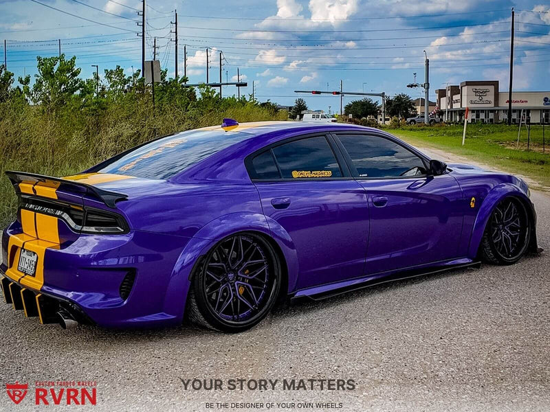 2023 Dodge Charger Widebody with 22-Inch Deep Dish Purple & Black Wheels RV-T081 on a road showcasing custom forged wheels.