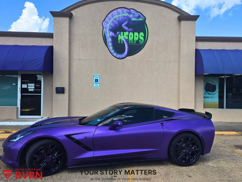2015 Corvette C7 Stingray on RVRN Forged Purple & Black Monoblock Wheels RV-MR20 parked outside a vibrant store.