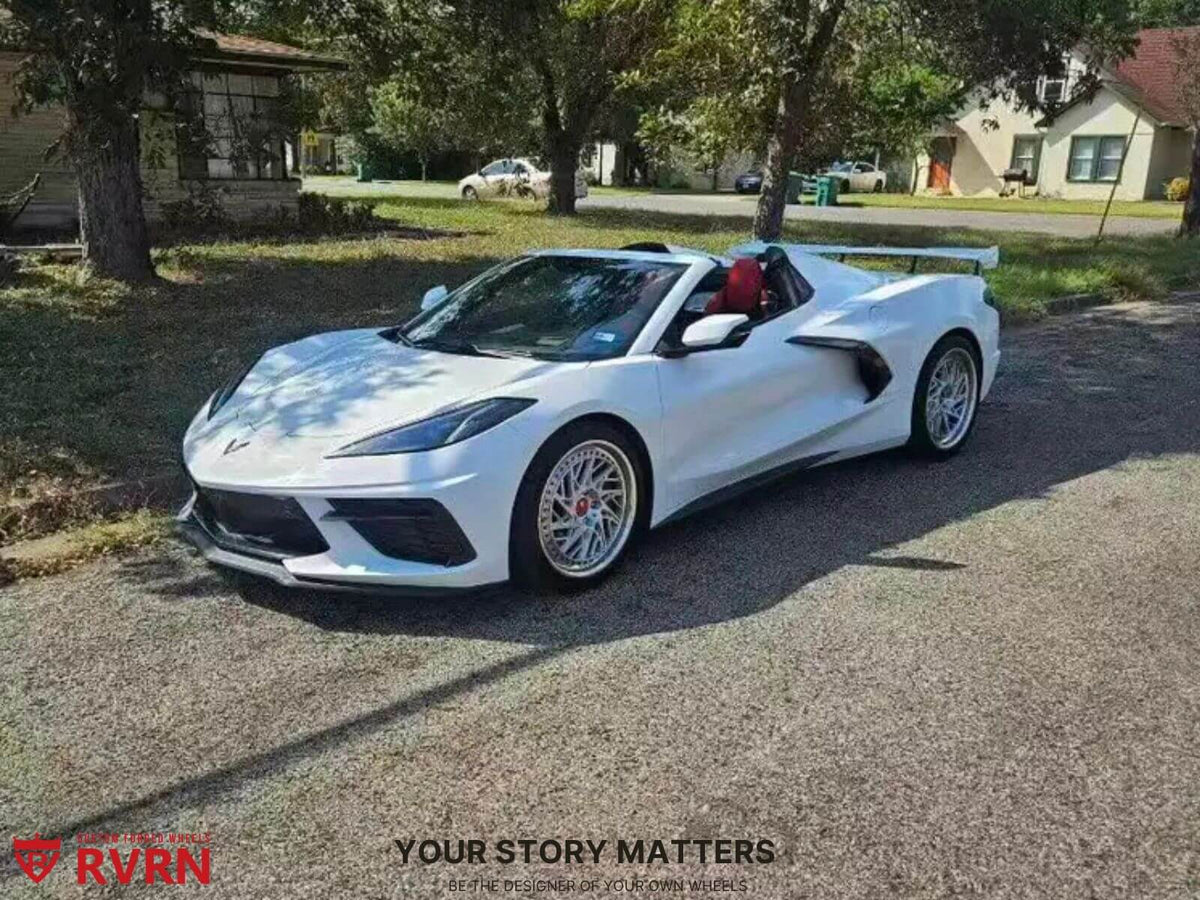 2021 Corvette C8 Z51 on Custom Crystal Burgundy Wheels RV-C13 parked on a street showcasing RVRN Wheels.
