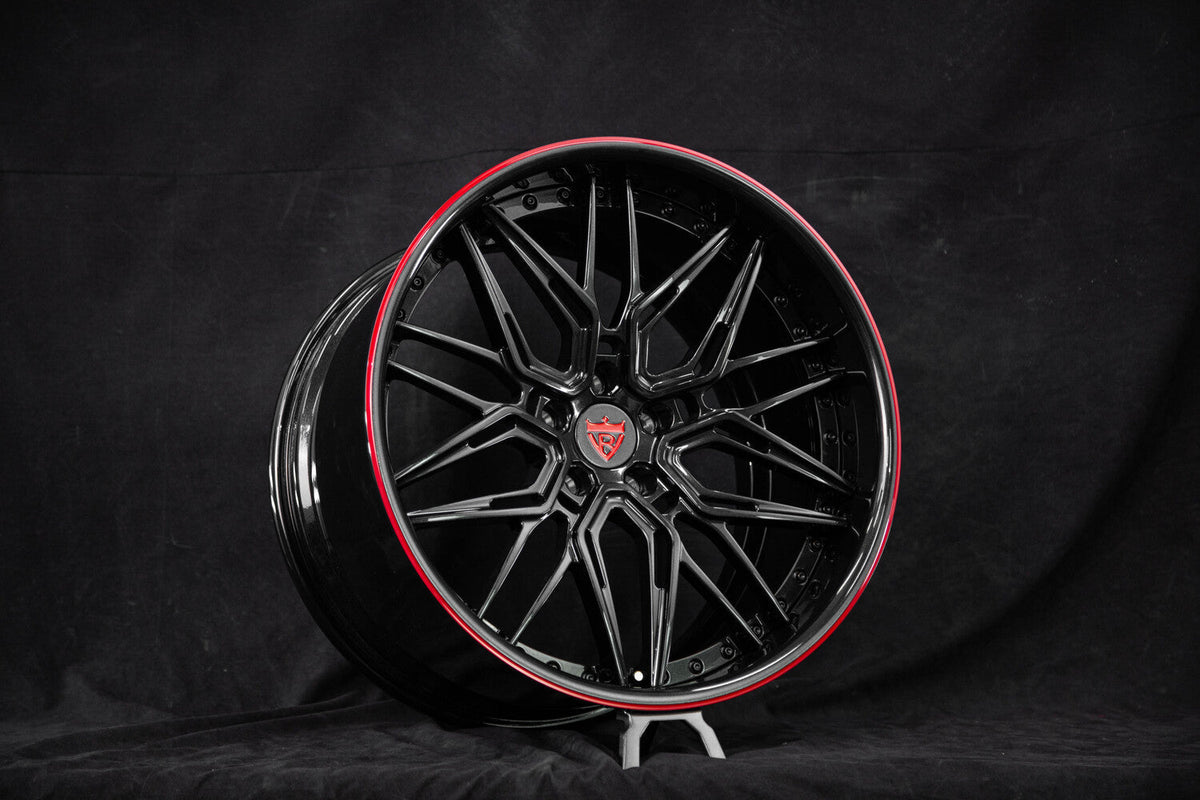 Corvette C8 Z06 With Z07 Package custom 2-piece concave forged wheels, RVRN RV-T081, Gloss Black and RVRN Red, 20x10 +27MM / 21x13 +27MM