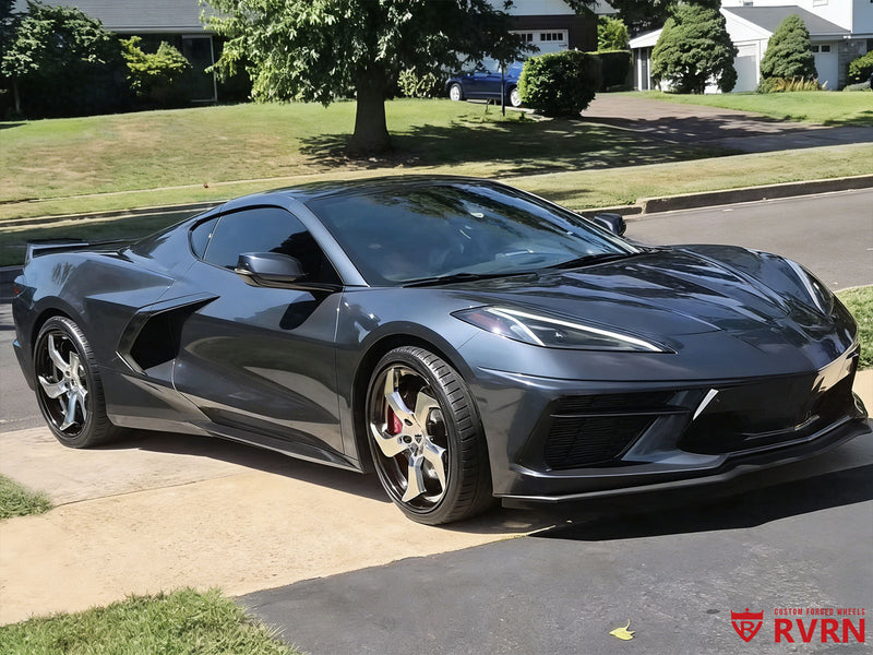 2020 Corvette C8 Stingray on RVRN Custom Wheels RV-DC25 parked on driveway, showcasing sleek design and custom forged wheels.