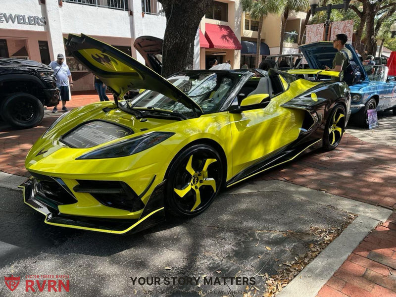 2022 Corvette C8 Stingray on RVRN Custom Wheels RV-DC25 parked on street with open doors.