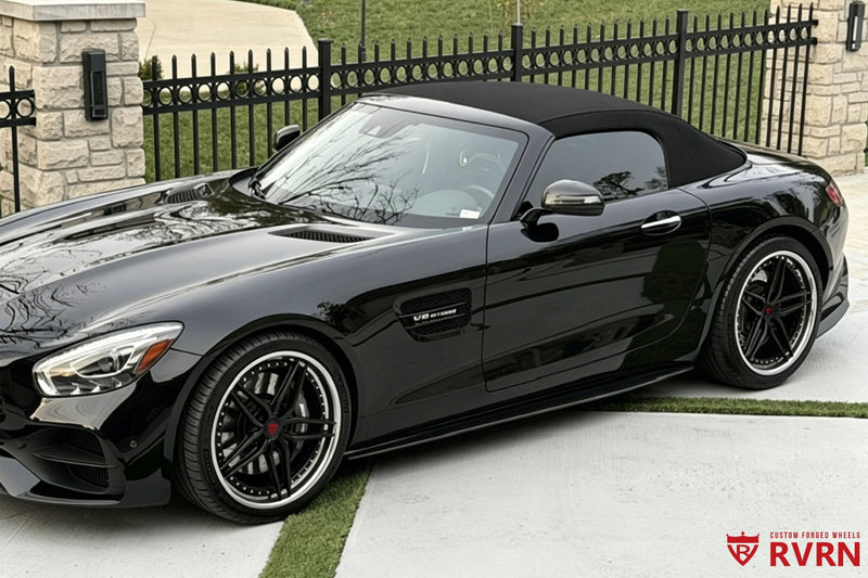 2019 Mercedes AMG GT Roadster on RVRN Custom Wheels RV-DP03 parked on driveway.