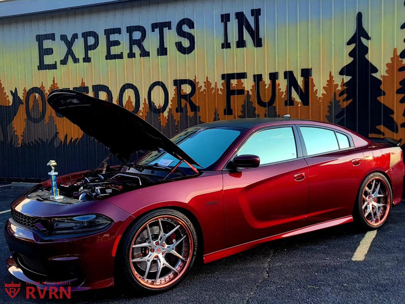 2018 Dodge Charger 392 Daytona on RVRN Custom Wheels RV-DR08 parked with hood open against a backdrop.
