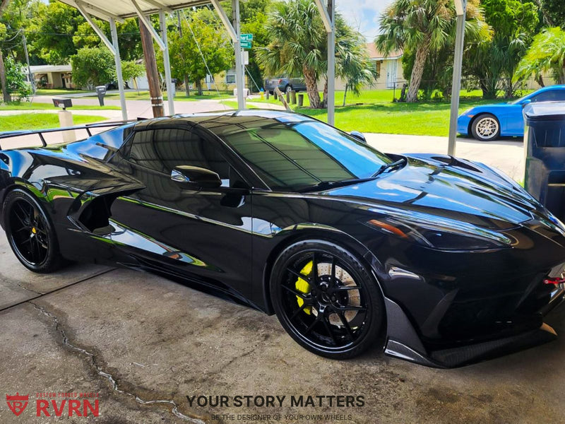 2022 Corvette C8 Z51 on RVRN Custom Wheels RV-DR08D parked in sunlight showcasing custom forged wheels.