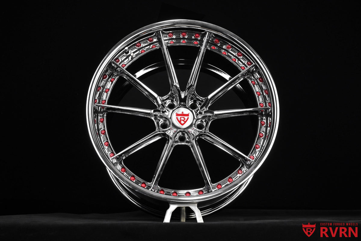 2024 Corvette C8 Z06 RV-DC05 Deep Dish 2-Piece Forged wheel with Chrome Spoke, Chrome Flange, Chrome Barrel, and RVRN Red Screws, final cover image in a front studio portrait