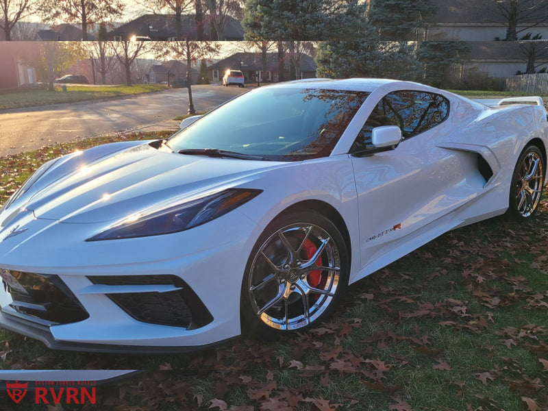 2020 Corvette C8 Z51 on RVRN Custom Wheels RV-MR05 parked on a lawn with autumn leaves.