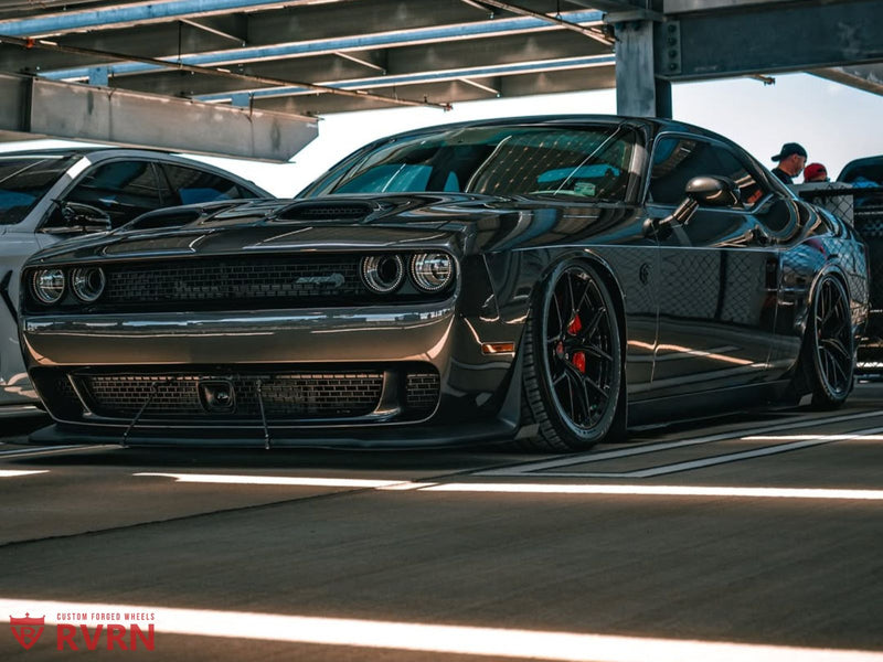 2023 Dodge Challenger Hellcat on RVRN Forged Wheels RV-MR05 parked in a vehicle gallery with custom forged wheels.