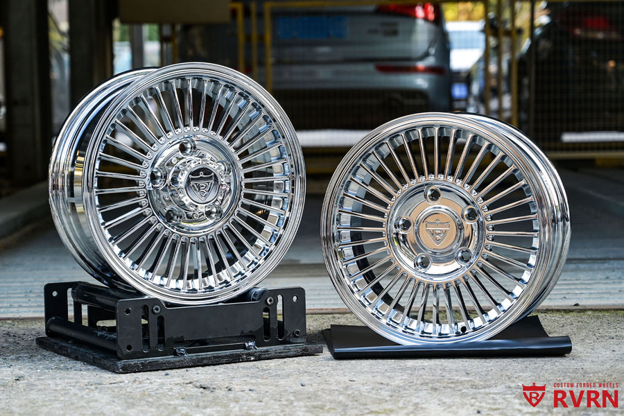Pair of RVRN RV-MH053 chrome custom forged multi-spoke wheels built for a 1965 Pontiac Grand Prix.