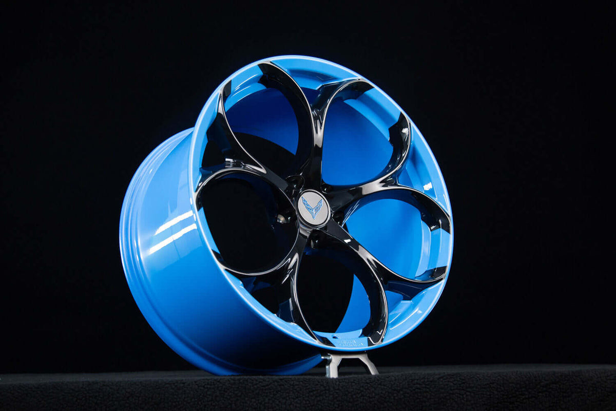 2025 Corvette C8 Z51 custom 1-piece monoblock forged wheels, RVRN RV-MS016, Gloss Black and Color-Matched Rapid Blue, 20x9 +30MM / 21x12 +52MM