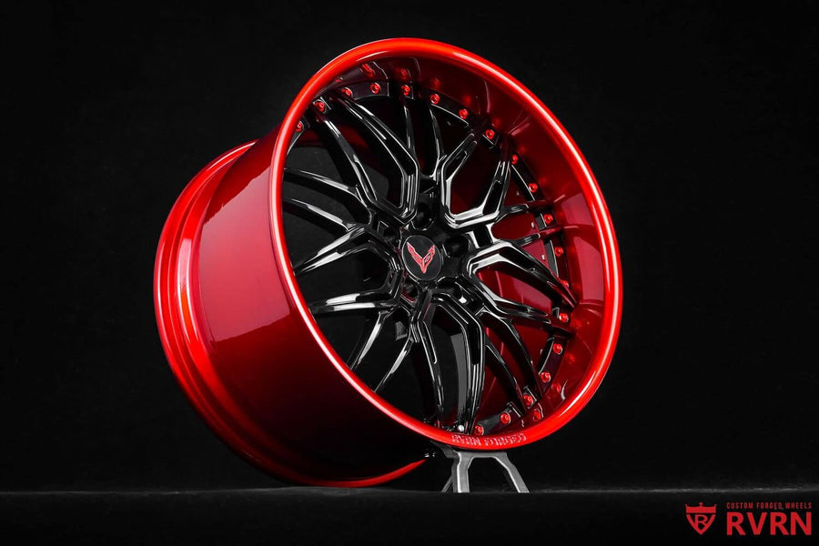 2025 Corvette C8 E-Ray Custom Deep Dish Red & Black Forged Wheels: RV-T081 showcased in striking design
