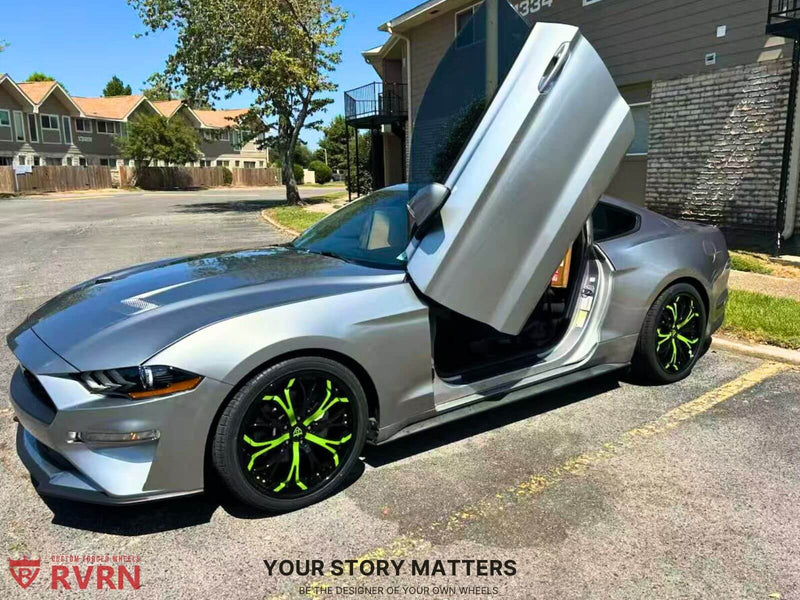 2020 Ford Mustang EcoBoost Premium on Custom Apple Green & Black Wheels RV-DL09 parked with door open and RVRN branding.