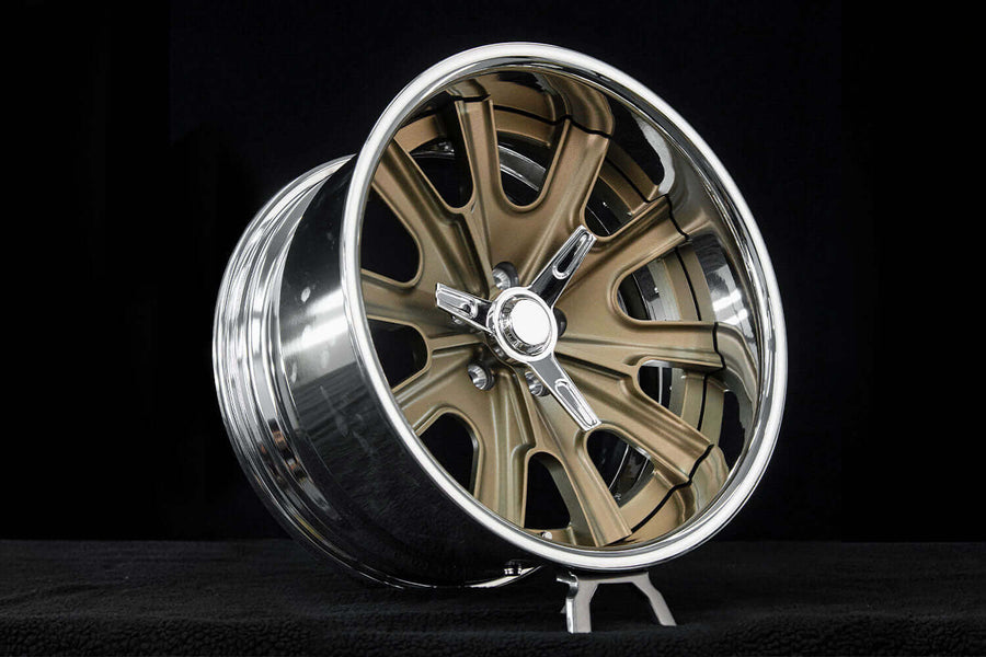 1969 Ford Mustang Custom Chrome & Matte Bronze Forged Wheels: RV-DF67 showcased on a black background
