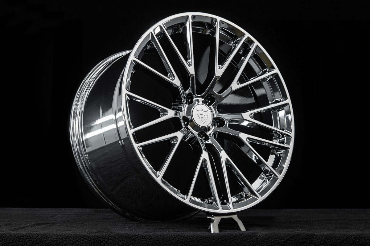 2026 Corvette C8 LT1 Coupe Custom Concave Chrome Forged Wheels: RV-MC65 showcased in a detailed close-up view.