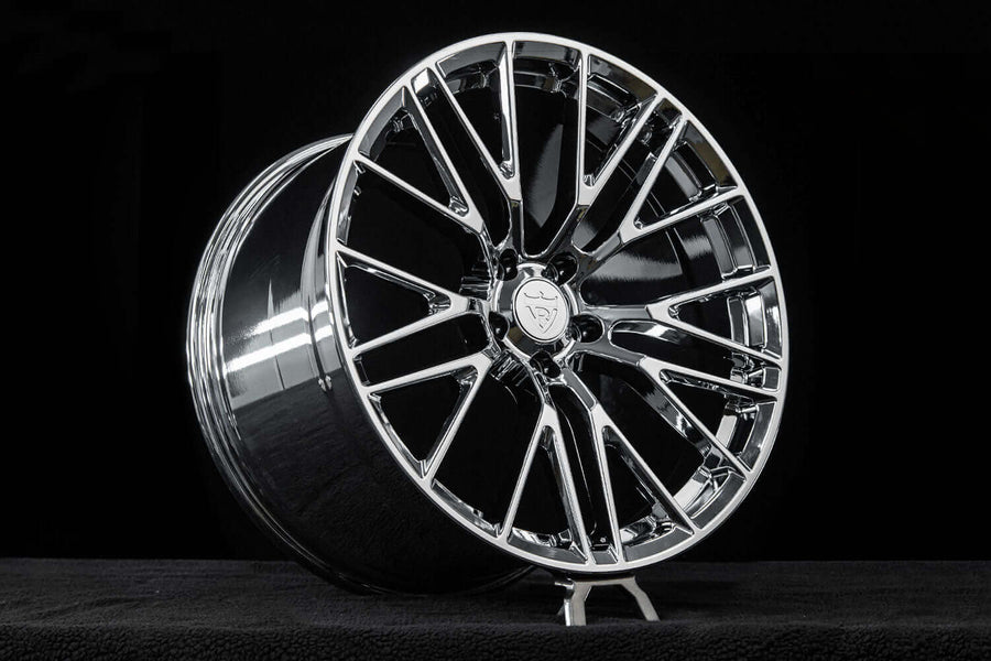 2026 Corvette C8 LT1 Coupe Custom Concave Chrome Forged Wheels: RV-MC65 showcased in a detailed close-up view.