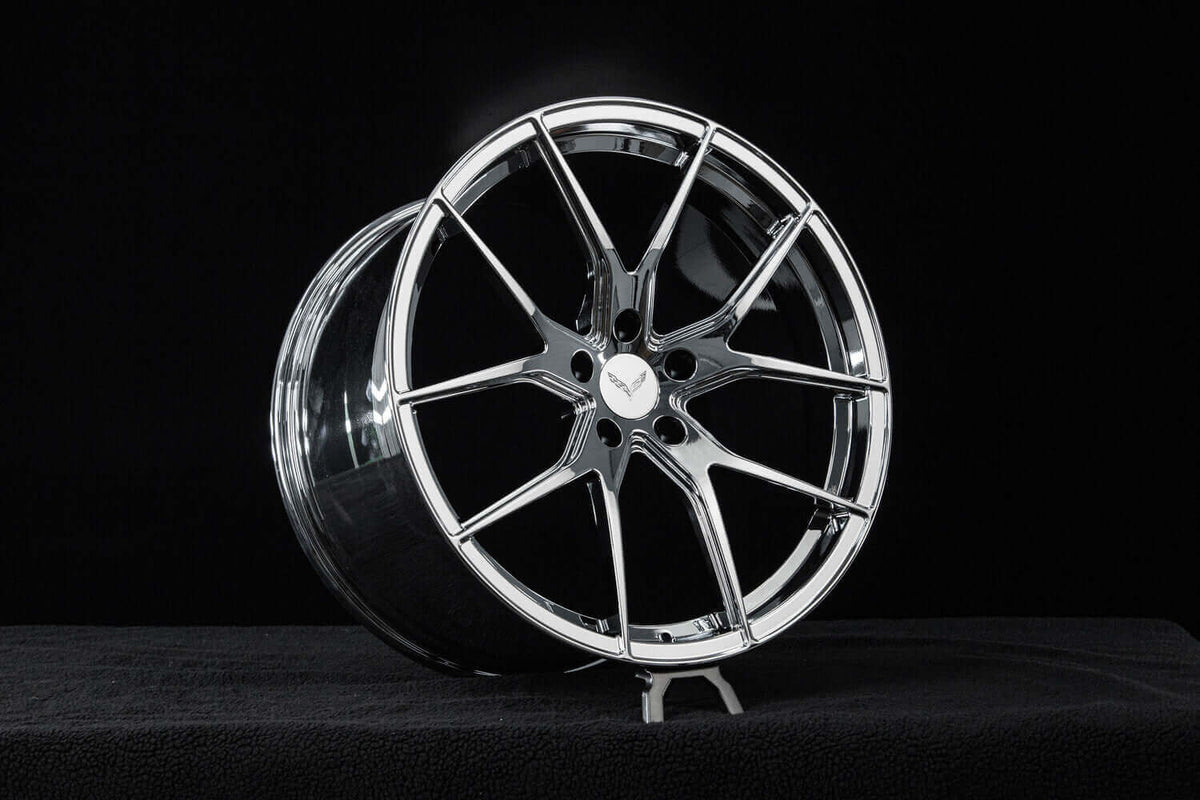 2016 Corvette C7 Z06 Custom Chrome Forged Wheels: RV-MC24 showcasing a sleek, polished design on a black background.