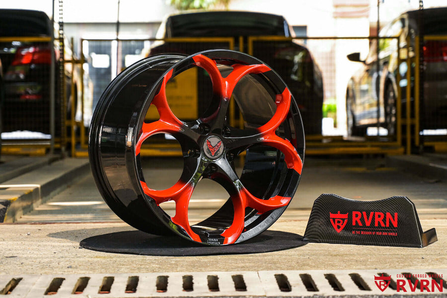 2020 Corvette C8 Stingray Base custom 1-piece forged wheels, RVRN RV-MS016, RVRN Red Fade To Black and Gloss Black, 19x8.5 +38MM / 20x11 +50MM