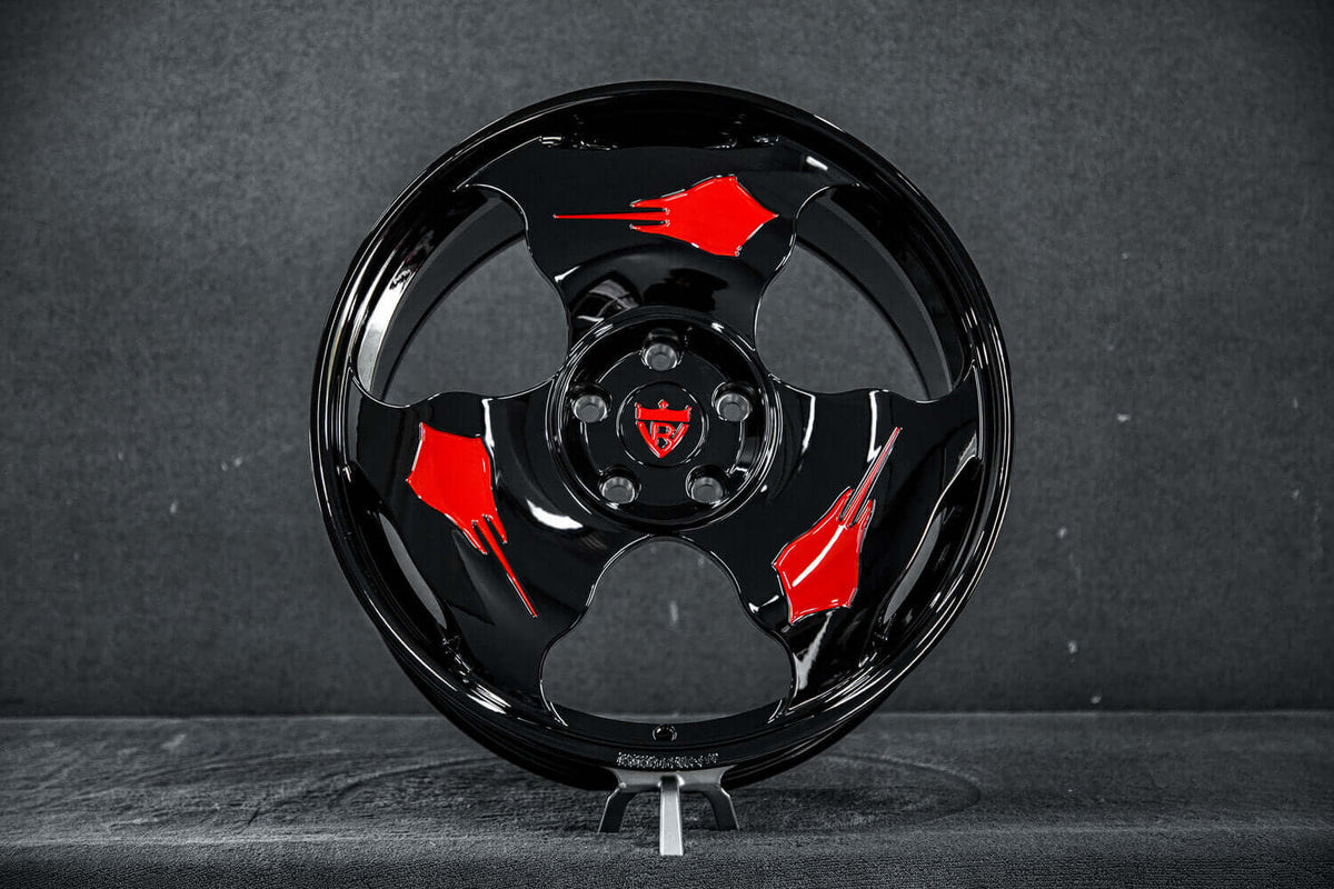 2014 Corvette C7 Z51 custom 1-piece monoblock forged wheels, RVRN RV-MC20, Gloss Black with RVRN Red Stingray Emblem and Gloss Black