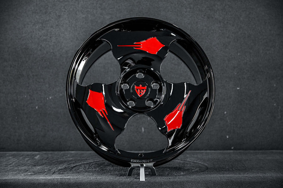 2014 Corvette C7 Z51 custom 1-piece monoblock forged wheels, RVRN RV-MC20, Gloss Black with RVRN Red Stingray Emblem and Gloss Black