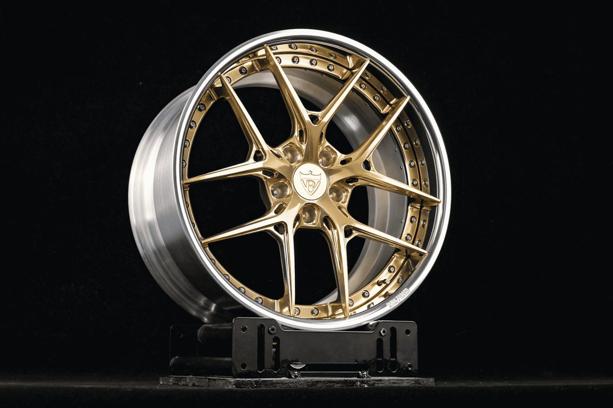 2020 Corvette C8 Z51 custom 2-piece deep dish forged wheels, RVRN RV-DR08, Polished Frozen Gold and Polished Aluminum, 19x8.5 +32MM / 20x11 +44MM
