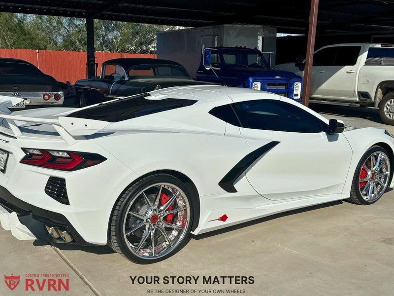 2021 Corvette C8 Stingray on RVRN Forged Chrome Wheels RV-DB082 parked in a vehicle gallery.