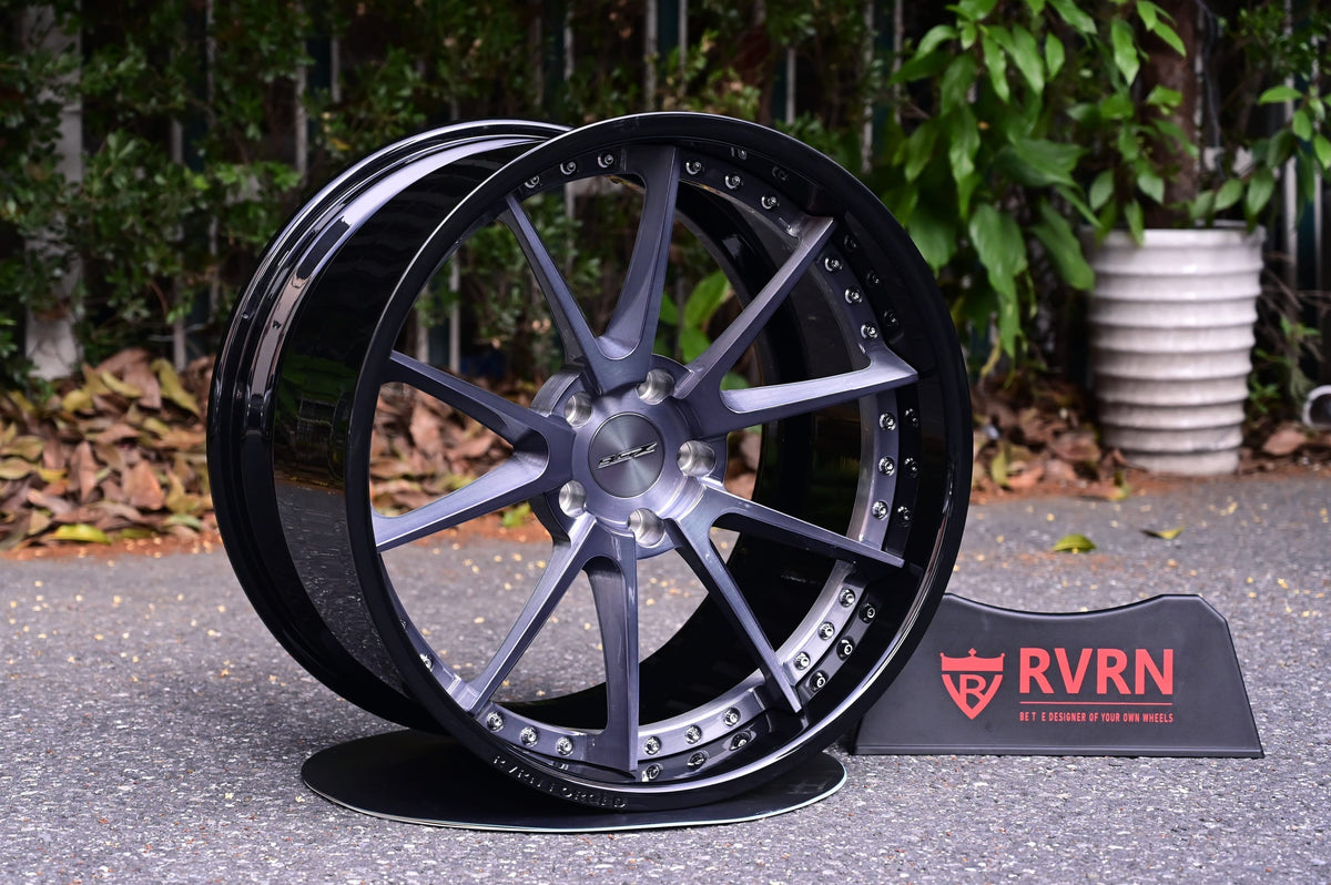 RVRN Forged RV-DC02 on 2019 Corvette C7 Z06, orange body with custom gray trim, transparent black 10-spoke deep dish wheels, 19x10 / 20x12, adjusted offset for maximum lip.
