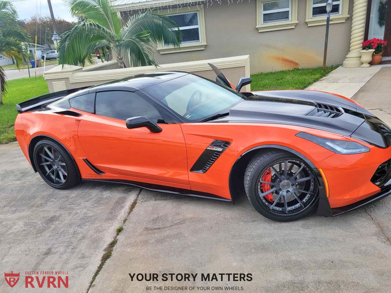 2019 Corvette C7 Z06 on RVRN Forged RV-DC02 | Black Deep Dish 19x10 / 20x12 parked outside, showcasing custom forged wheels.